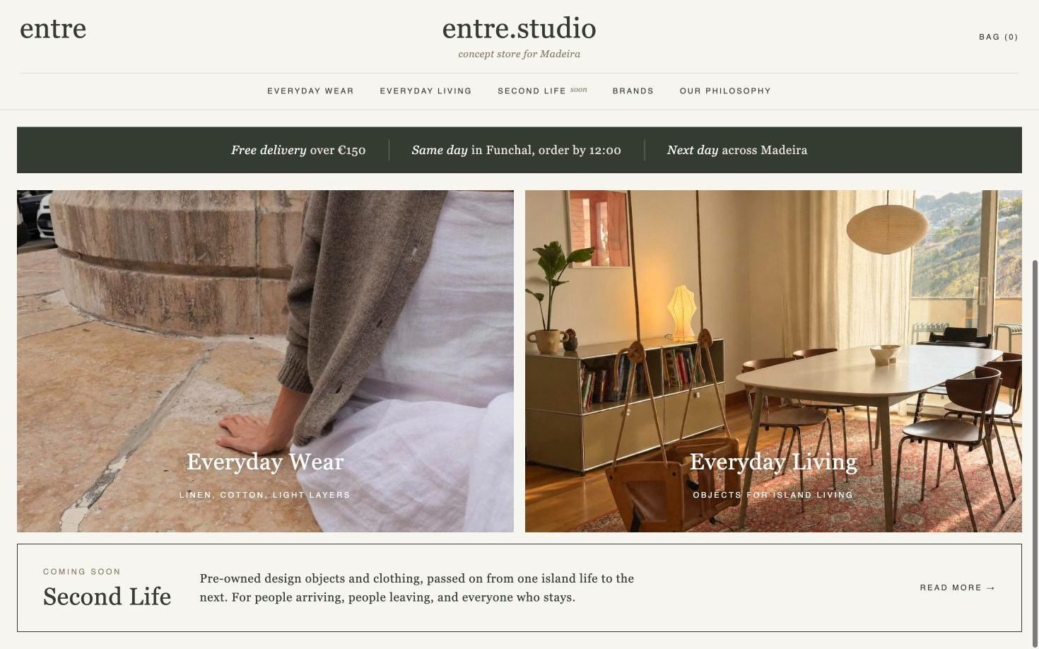 Store homepage: the entre header, menu, delivery strip, Everyday Wear and Everyday Living